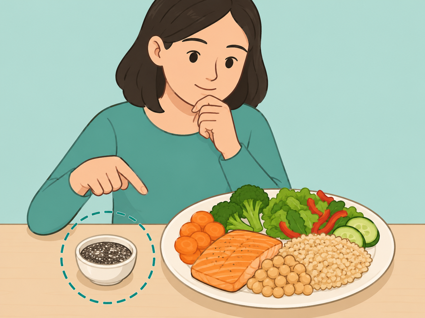 A person treating chia seeds as one part of a balanced meal.