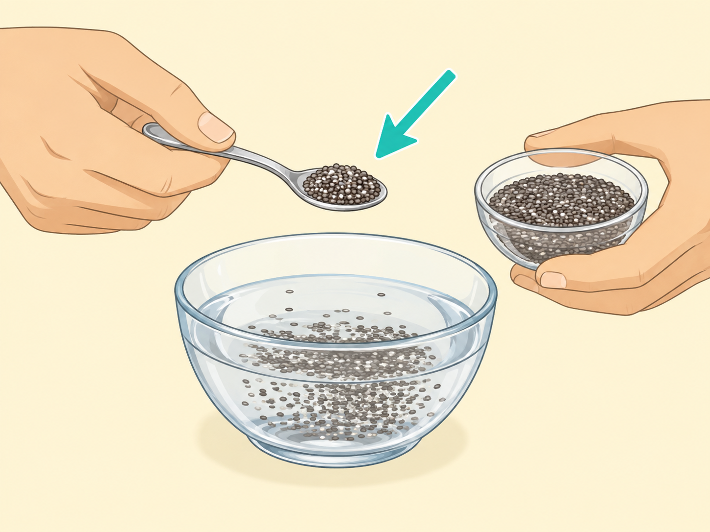 Hands adding a small serving of chia seeds to water.