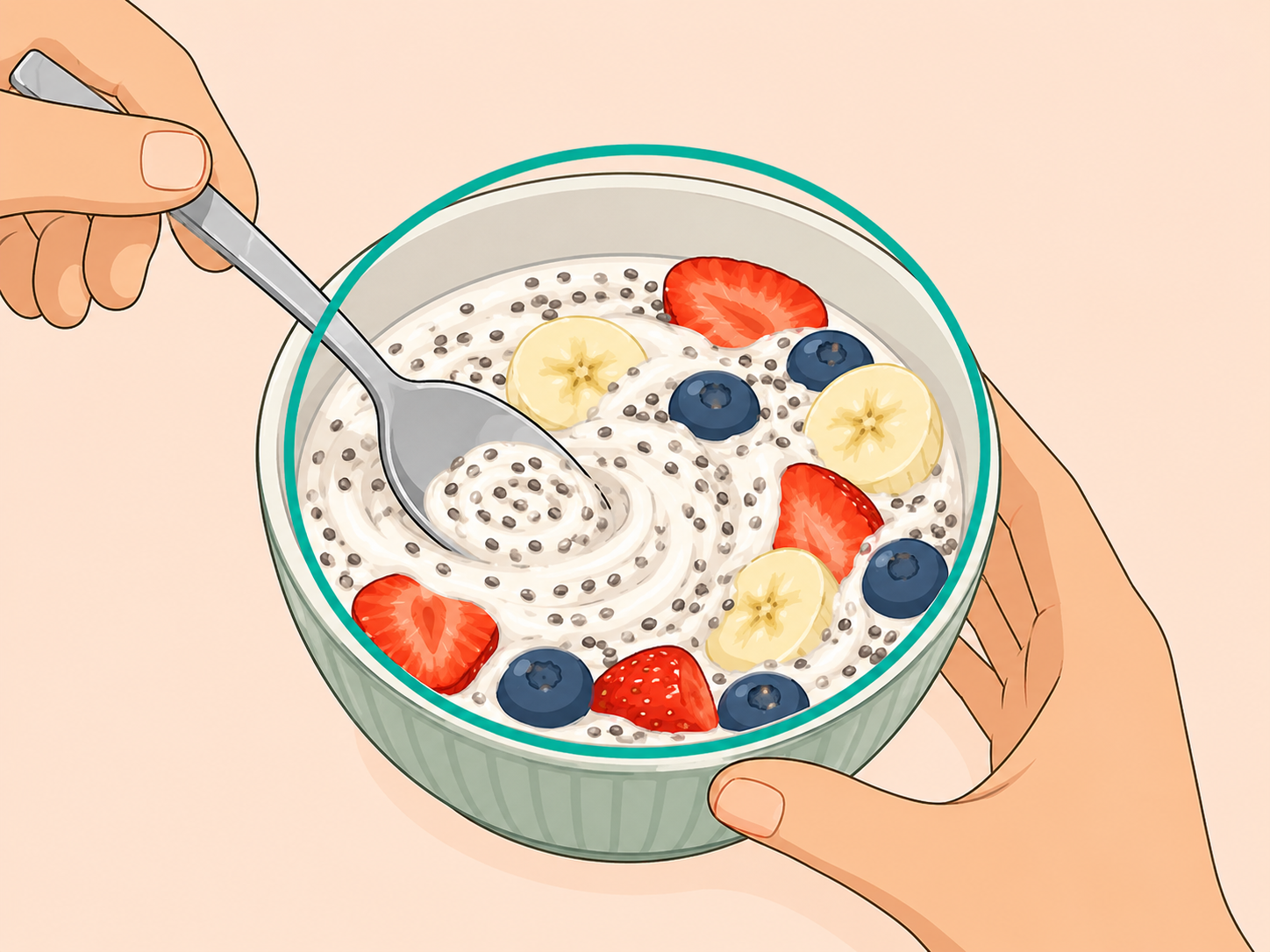 Chia seeds being stirred into yogurt with fruit.
