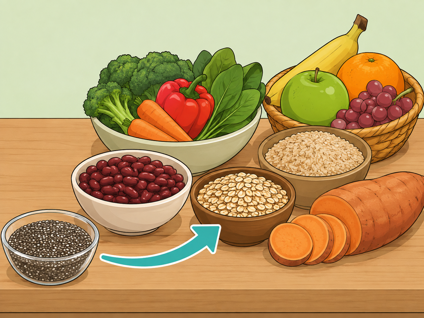 Chia seeds shown with other fiber-rich foods.