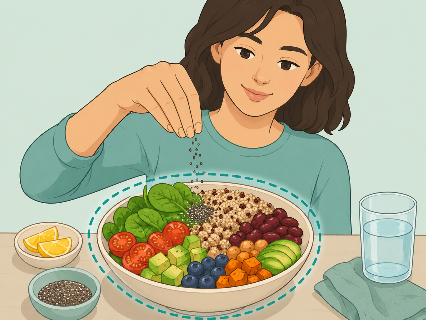 A person adding chia seeds to a heart-smart grain bowl.