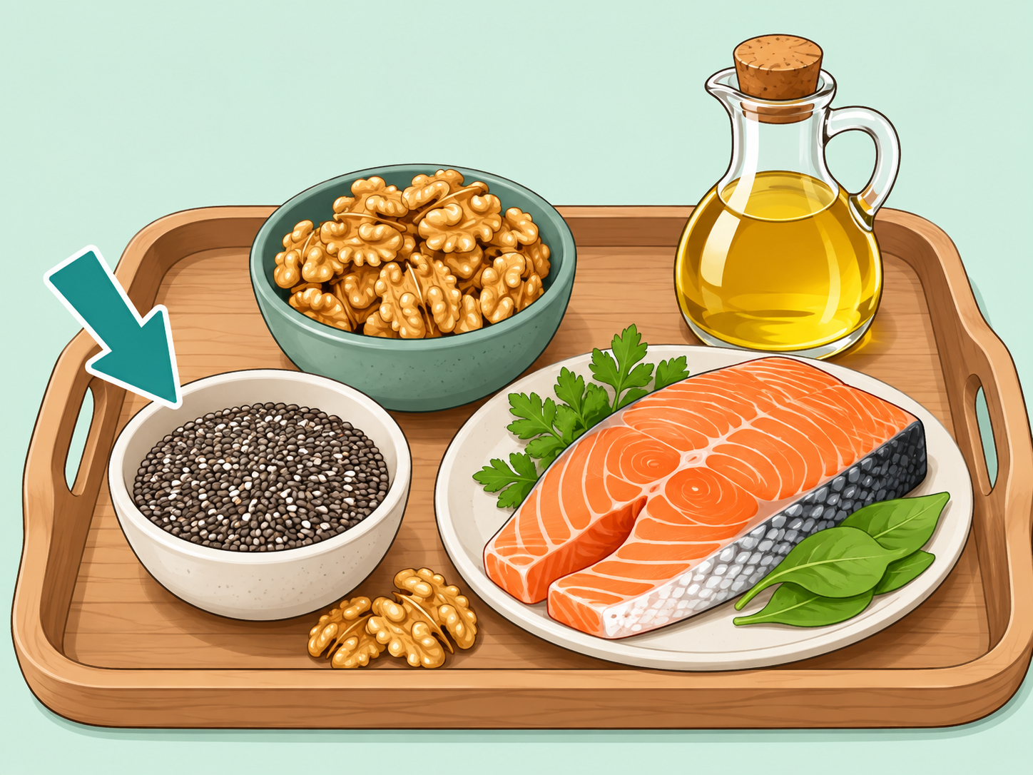 Chia seeds shown as one plant source of omega-3 fats.