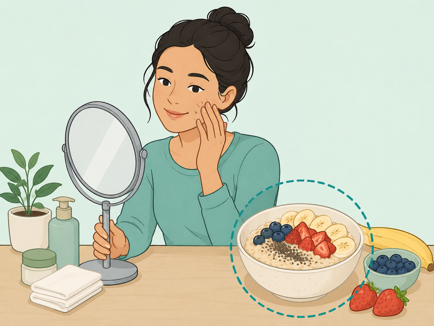 A person connecting chia seeds with realistic skin-supportive nutrition.