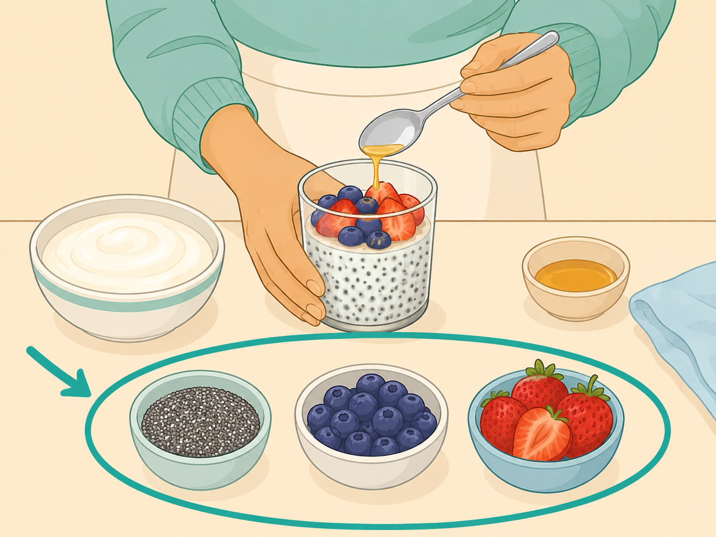 Hands making simple chia pudding with fruit and little sweetener.