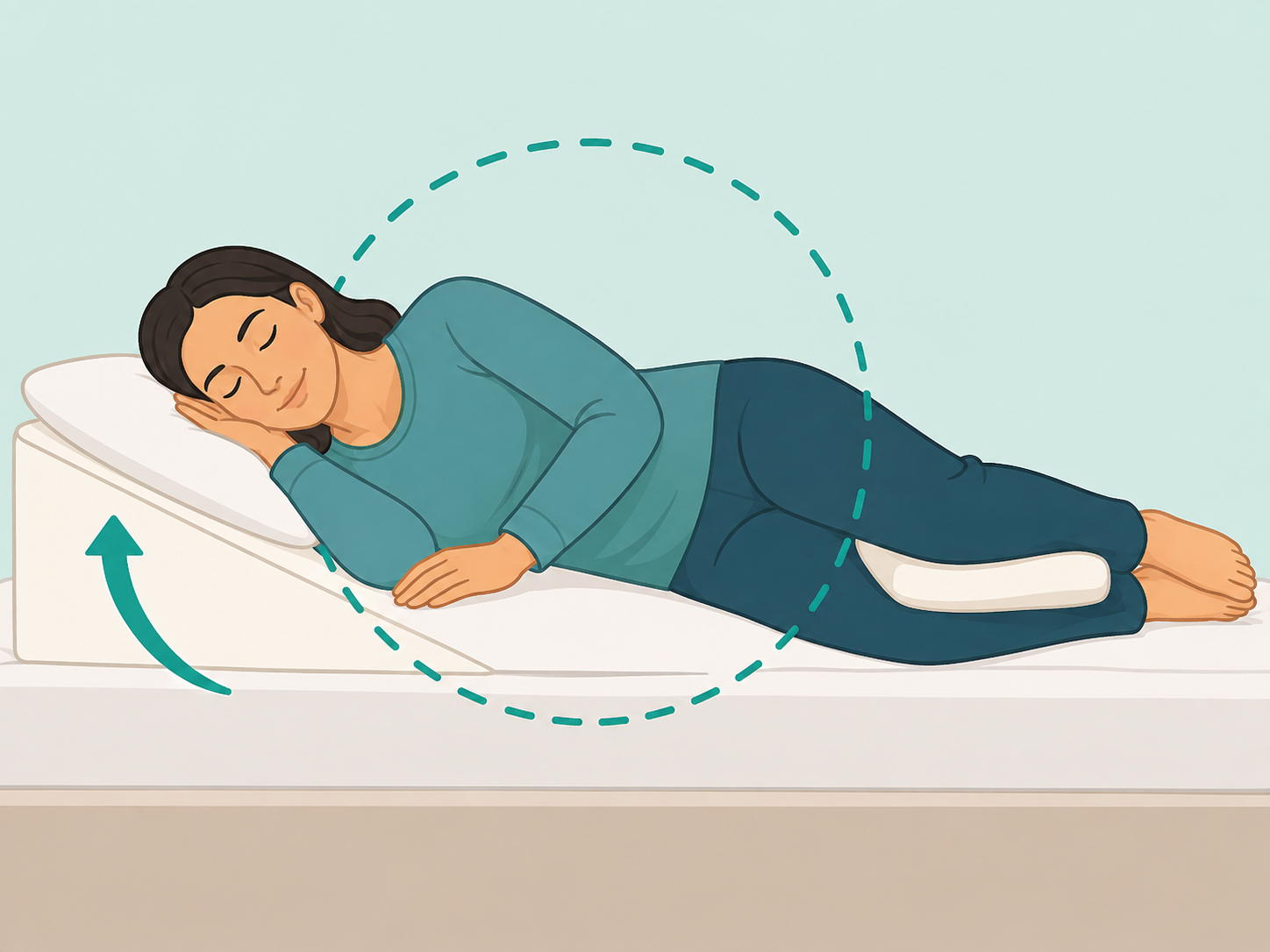 Illustration of a person sleeping on their left side with the upper body elevated to reduce acid reflux.