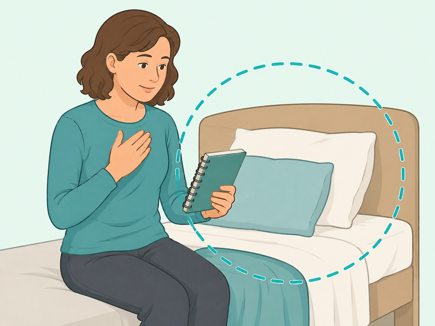 Person noting nighttime reflux symptoms beside a bed.