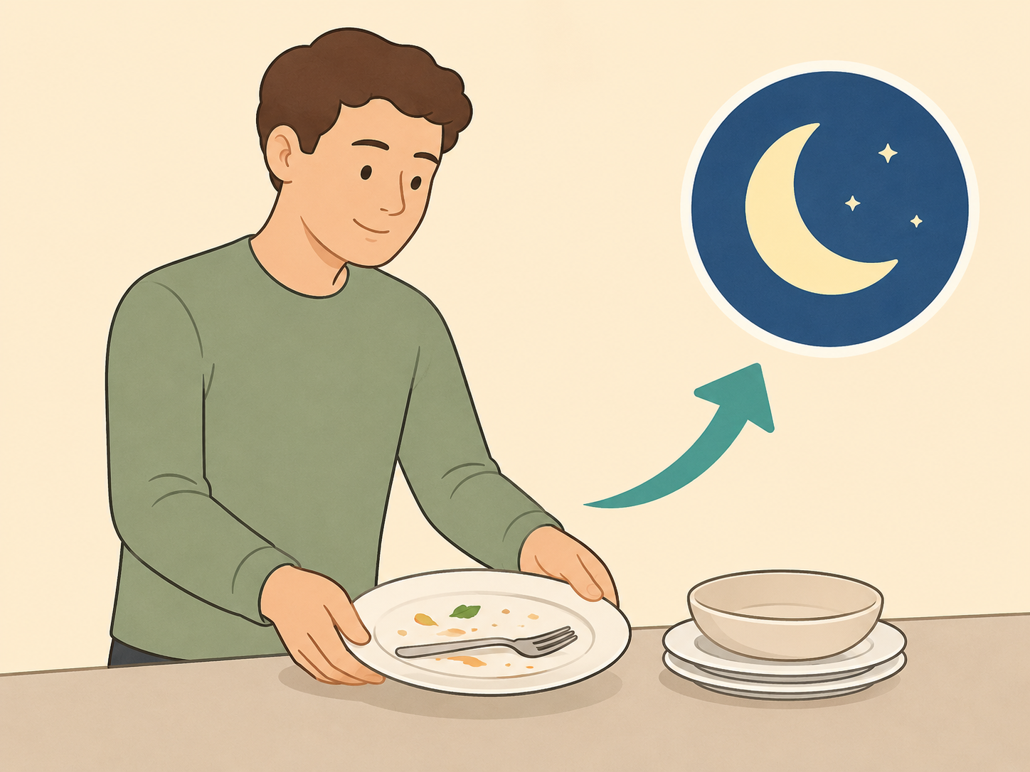 Person finishing dinner well before lying down for bed.