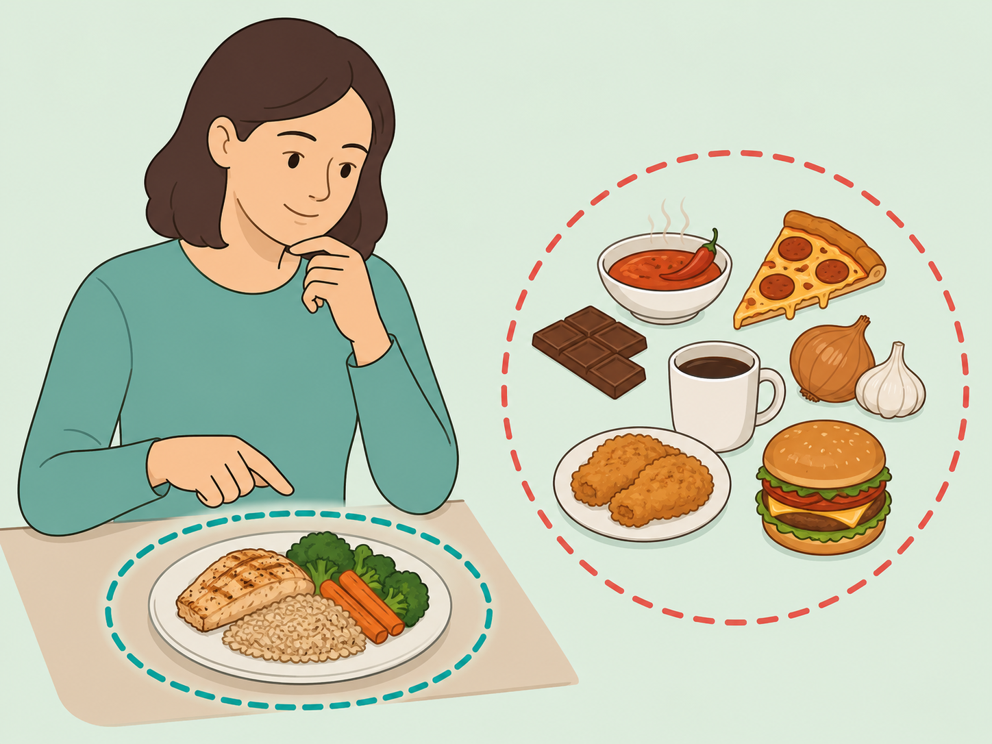 Person choosing a smaller evening meal and noting reflux triggers.