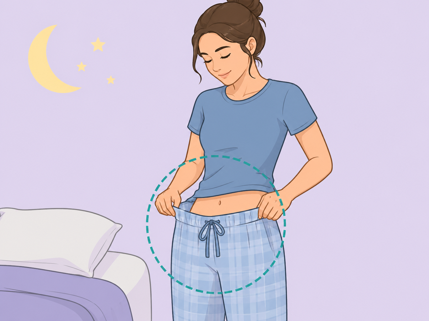 Person loosening clothing around the waist before sleep.