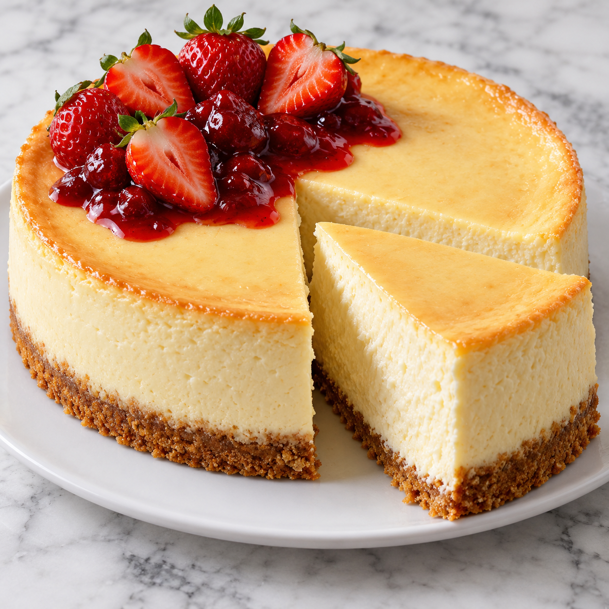Tall New York cheesecake slice with golden crust and creamy filling