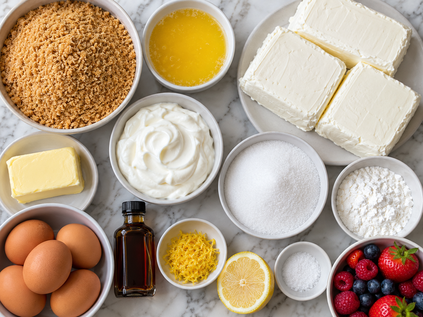 Ingredients for New York cheesecake with cream cheese, eggs, sour cream, and crumbs