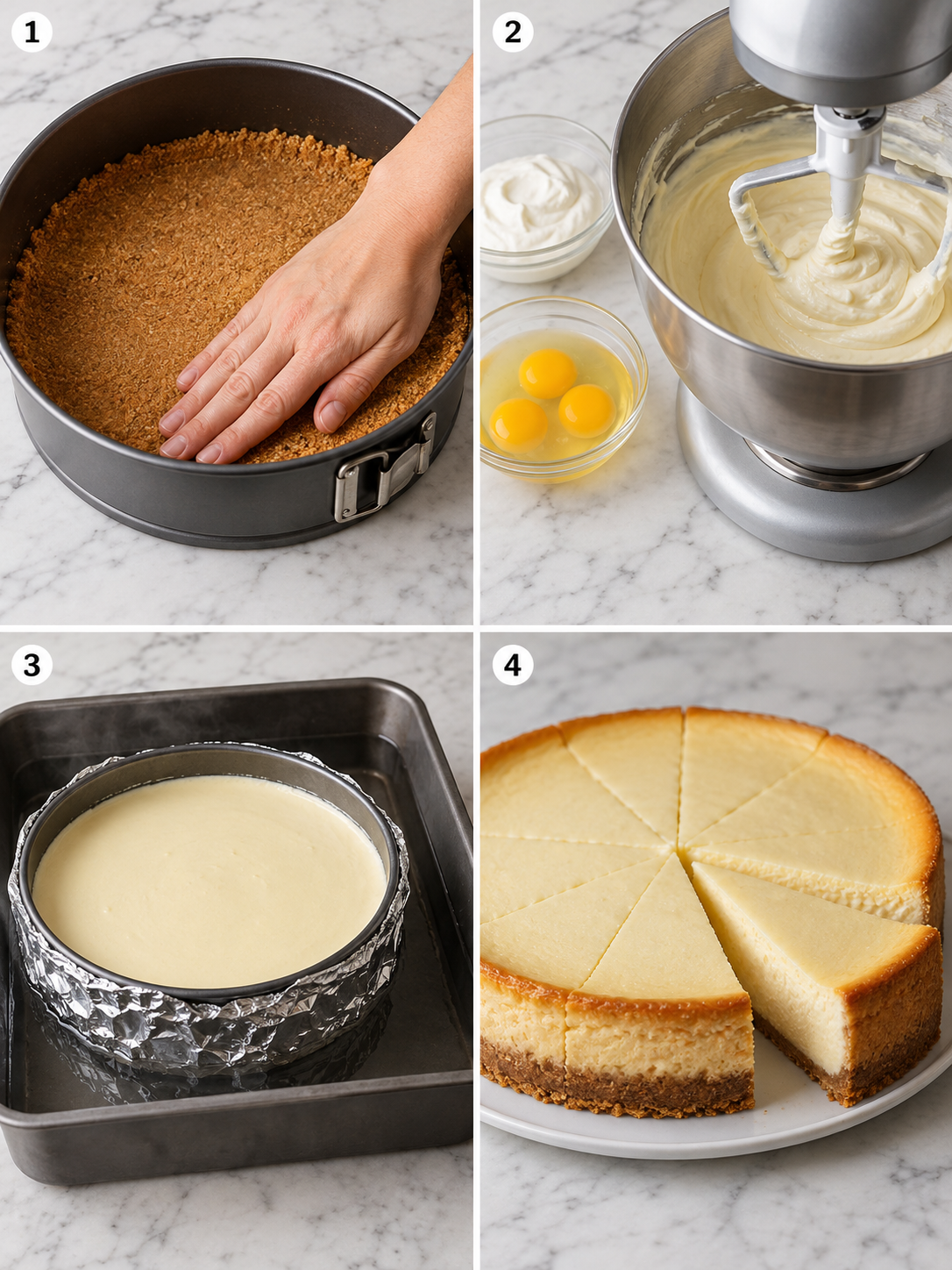 Four steps for making New York cheesecake from crust to slicing