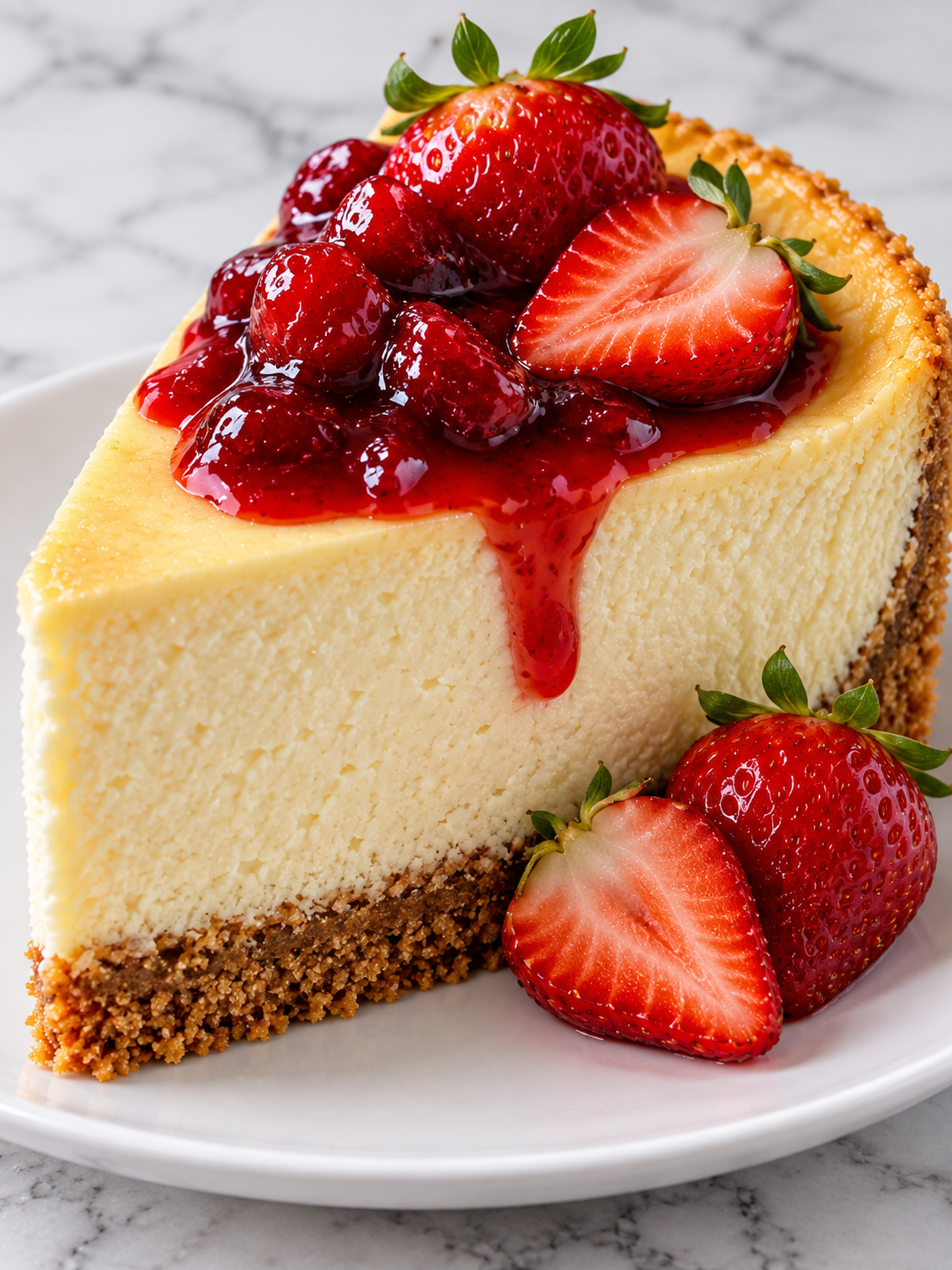 Creamy New York cheesecake slice with berry sauce and strawberries
