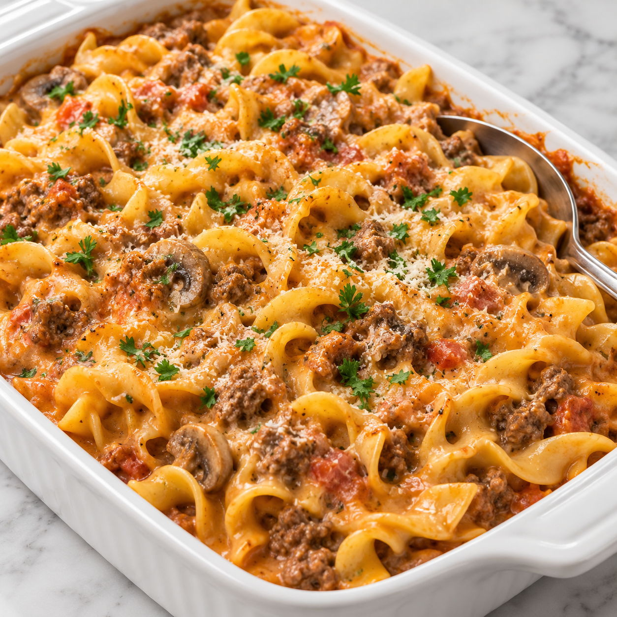 Amish Country Casserole with egg noodles, beef, Parmesan, and parsley