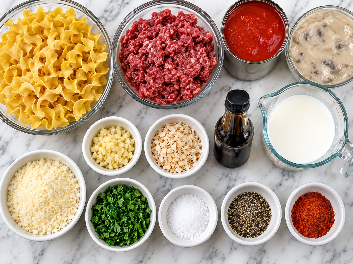 Ingredients for Amish Country Casserole with noodles, beef, soups, and Parmesan