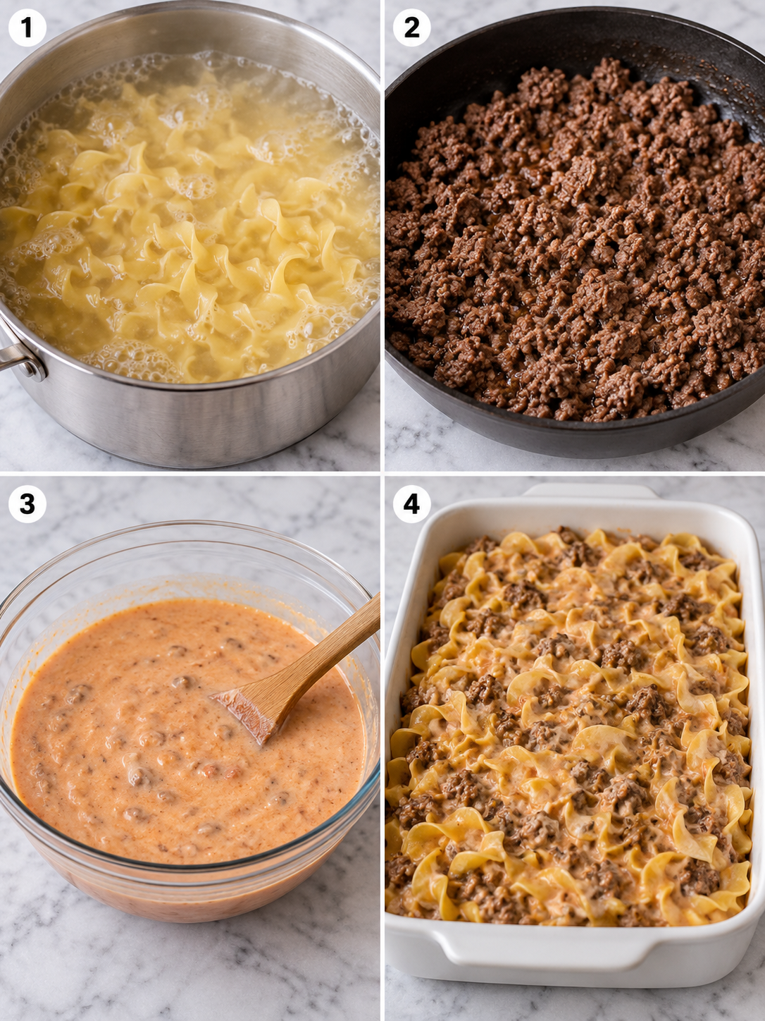 Four steps for making Amish Country Casserole with noodles, beef, and sauce