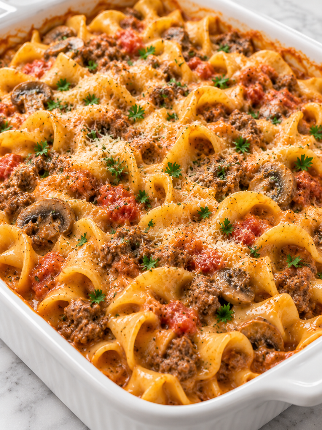Amish Country Casserole with creamy noodles, ground beef, and Parmesan