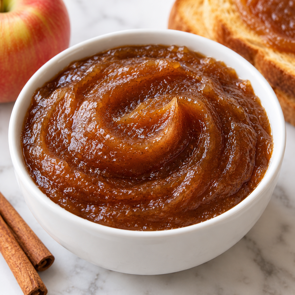 Homemade apple butter in a white bowl with toast and cinnamon