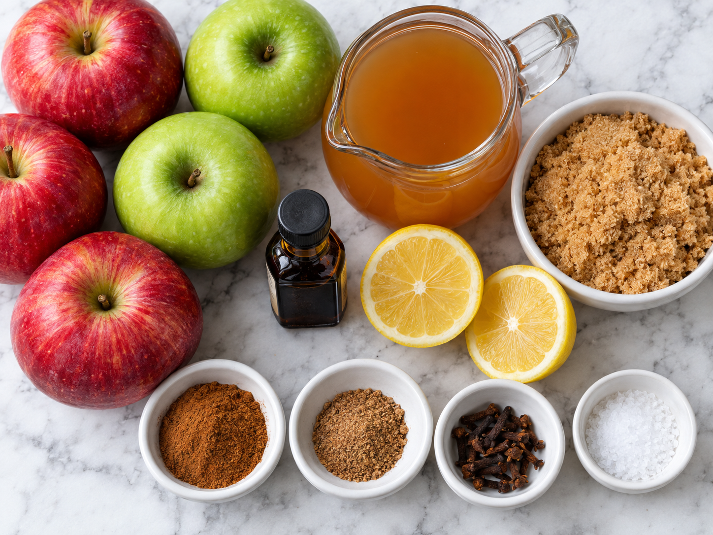 Apples, brown sugar, cider, lemon, and spices for apple butter