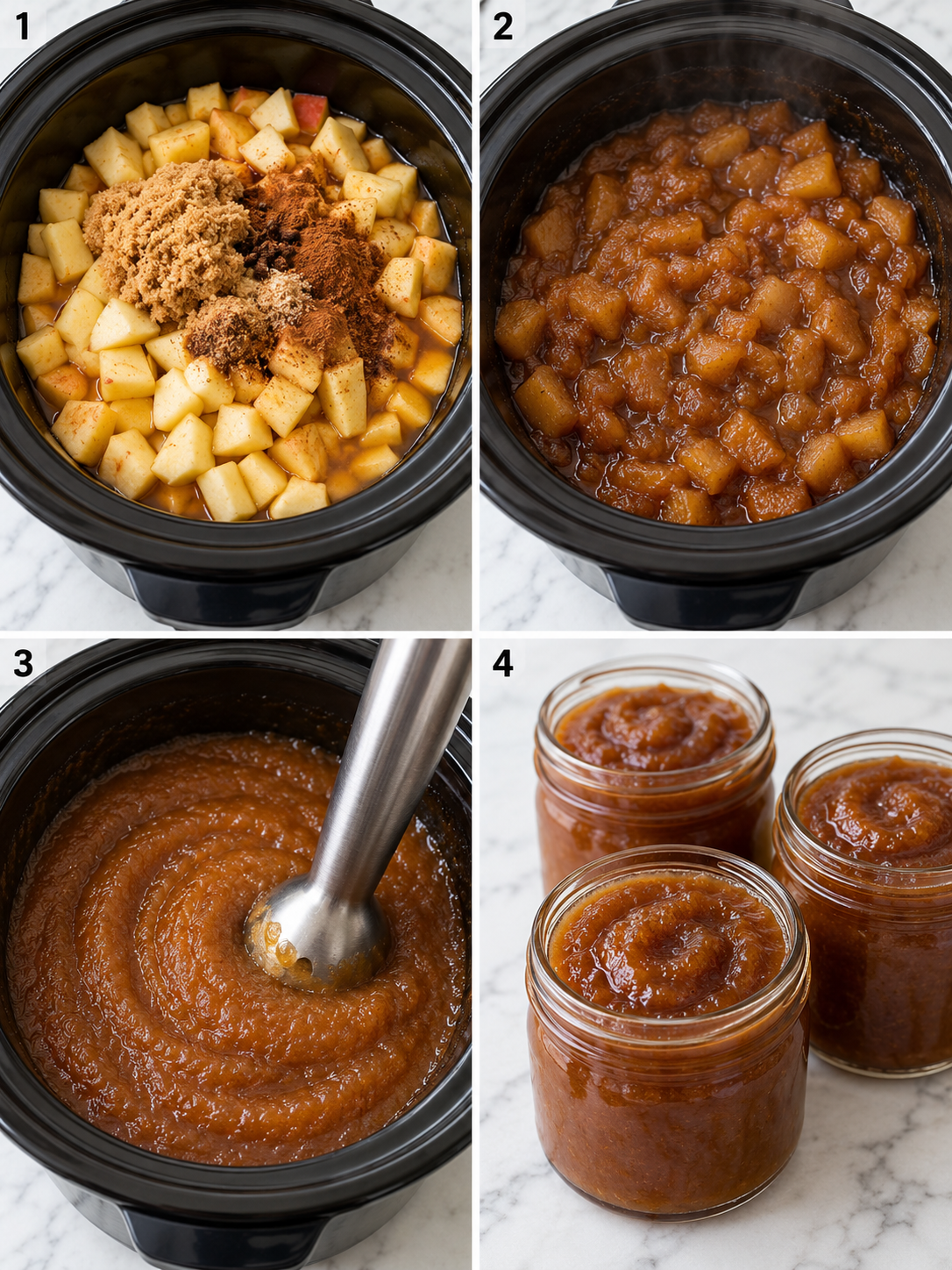 Four steps of making apple butter in a slow cooker