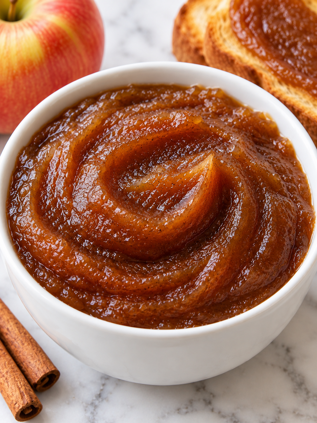 Thick glossy apple butter in a bowl with toast and cinnamon