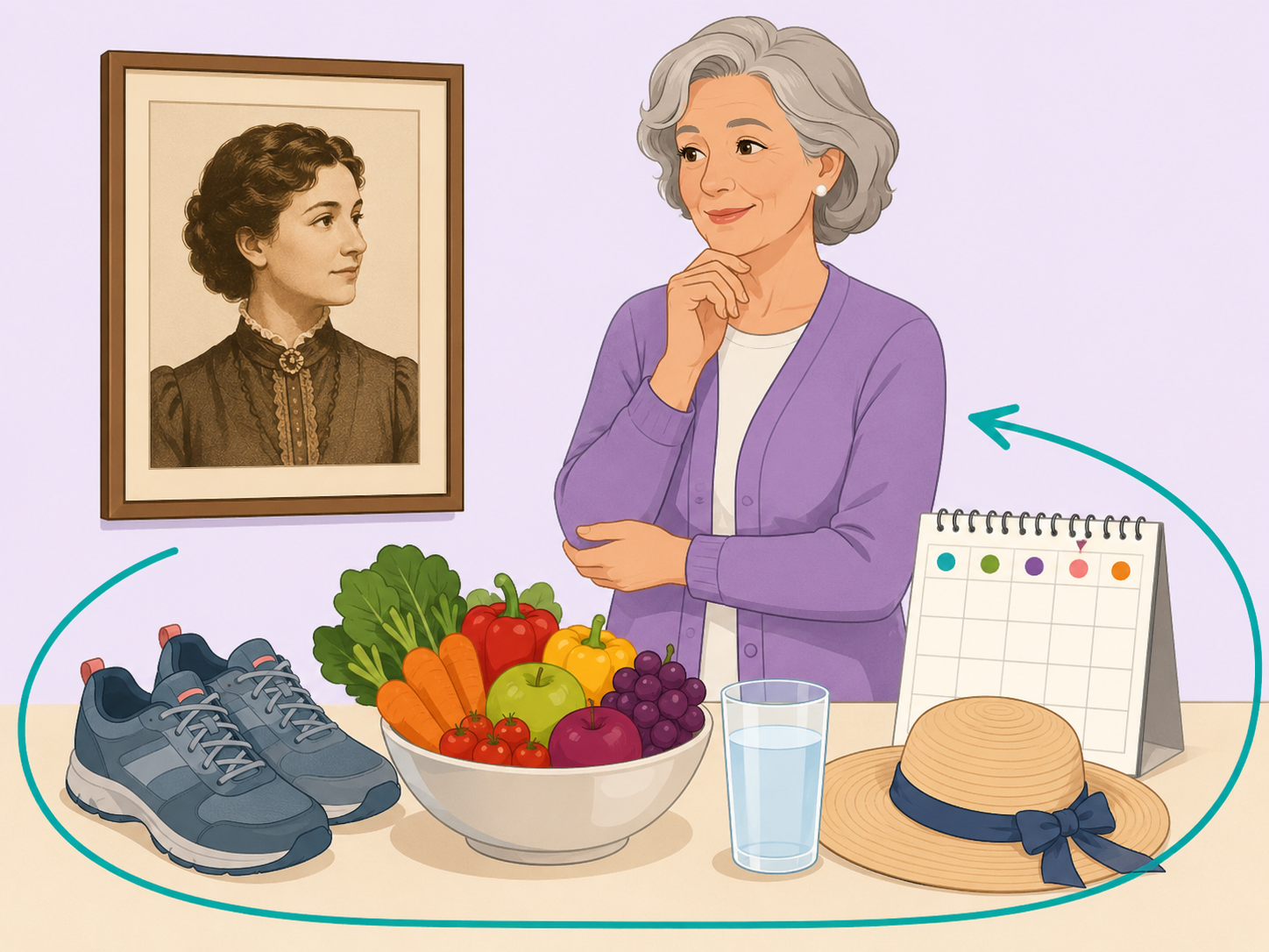 Illustration of healthy aging habits inspired by a historical woman’s long life.