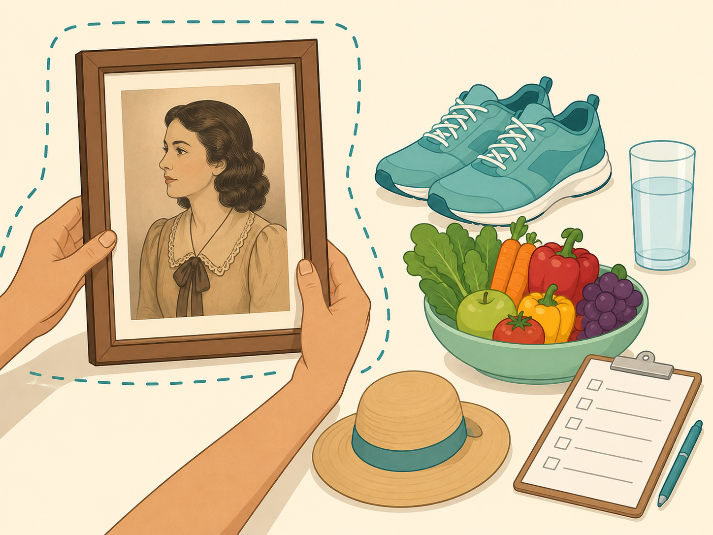 Hands using a historical portrait as inspiration while choosing evidence-based wellness habits.