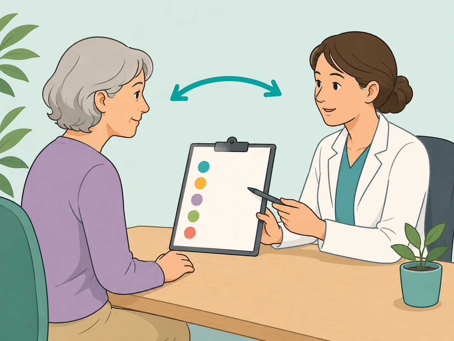 A patient and clinician personalizing follow-up care after cancer.