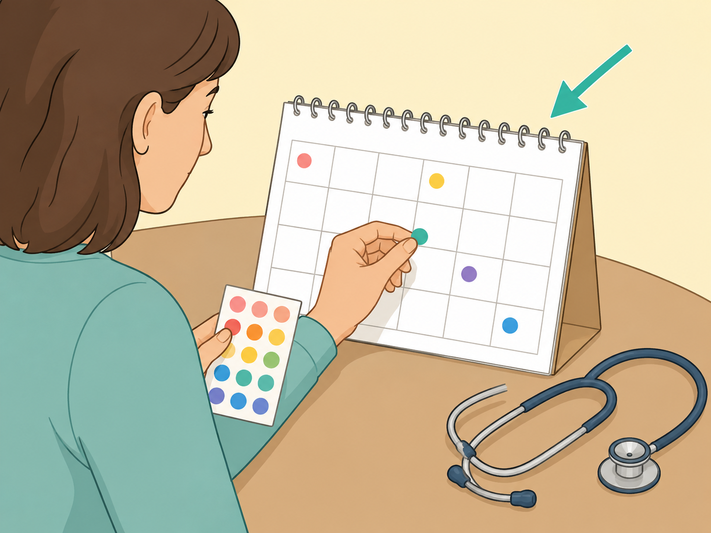 A person organizing preventive care appointments on a blank calendar.