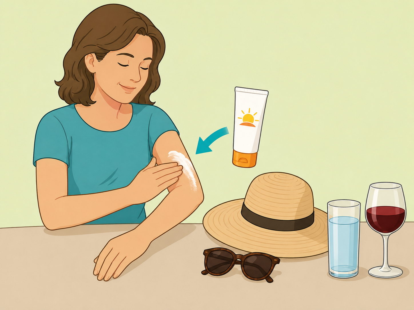 A person using sun protection and choosing water instead of alcohol.