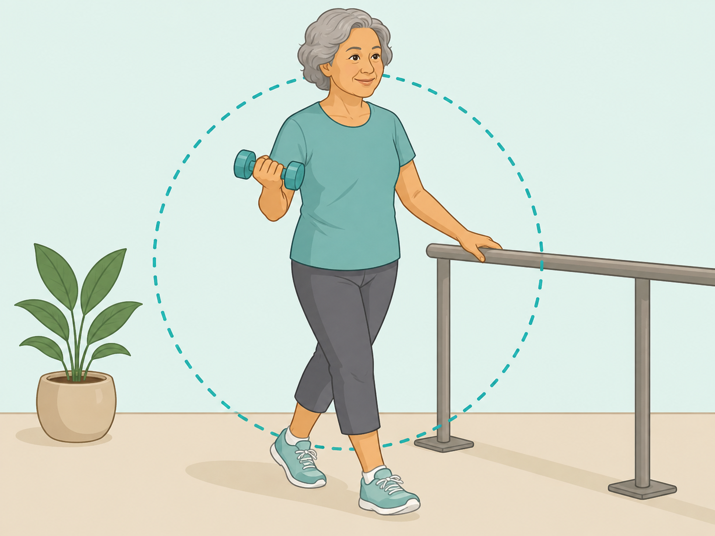 An older adult doing gentle walking and strength exercise.