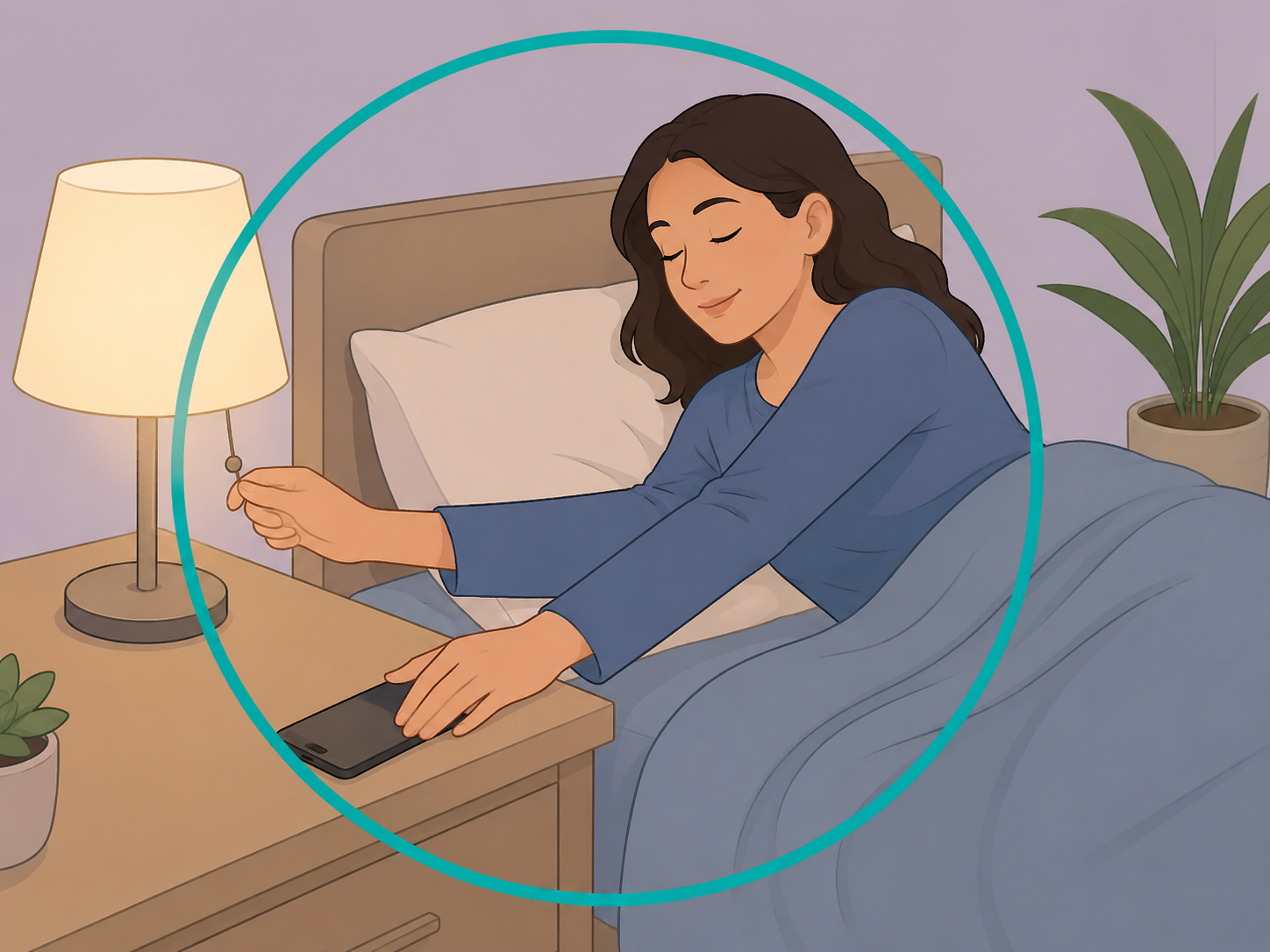 A person preparing for consistent sleep by turning off a lamp and setting a phone aside.