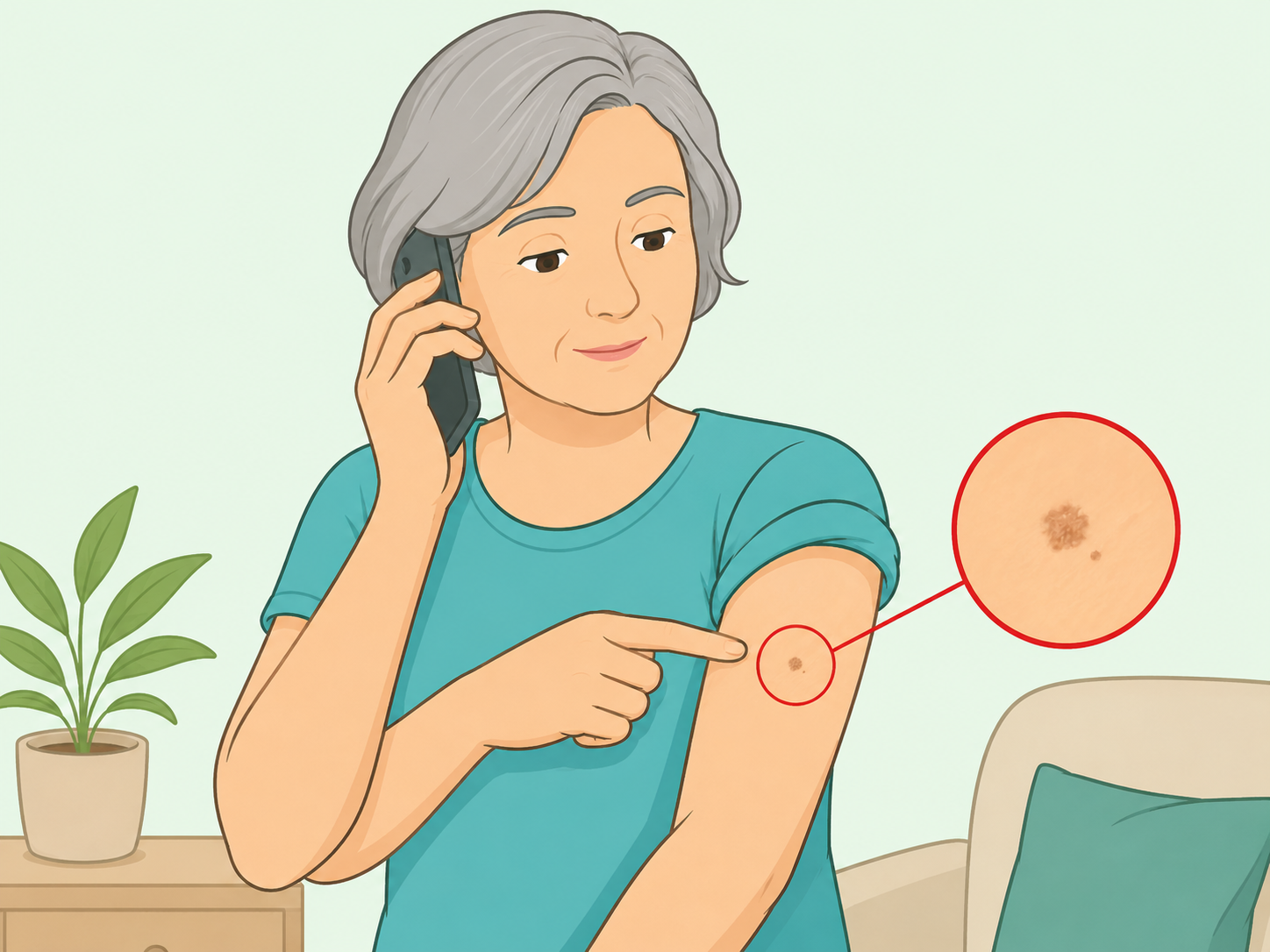 A person noticing a persistent body change and preparing to contact a doctor.