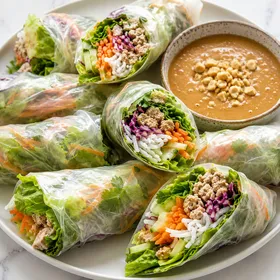 Asian chicken lettuce rice paper rolls with peanut dipping sauce