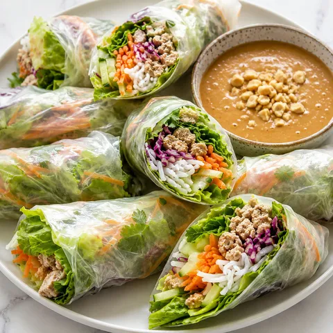Asian chicken lettuce rice paper rolls with peanut dipping sauce