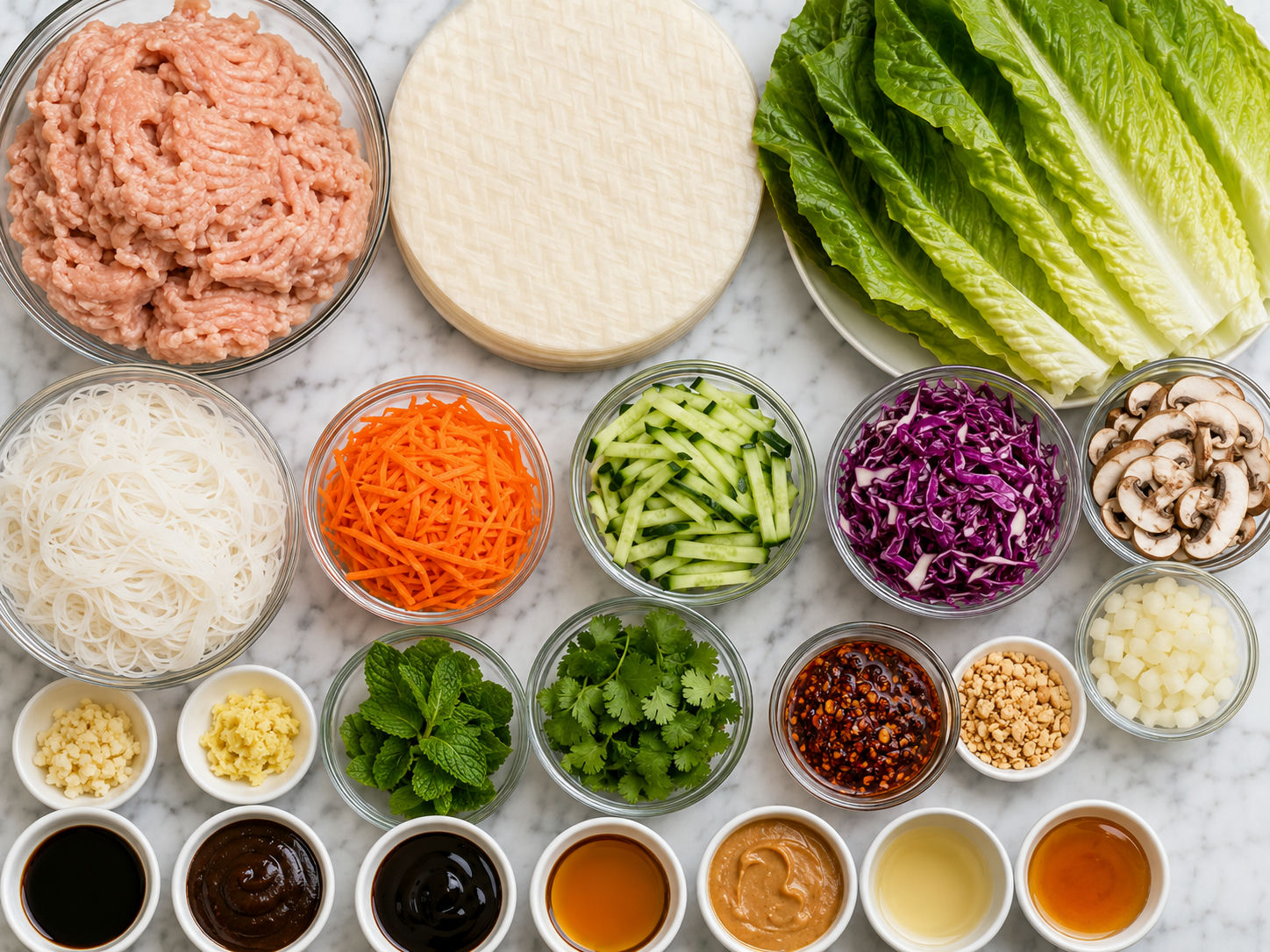 Ingredients for Asian chicken lettuce rice paper rolls on a wood surface
