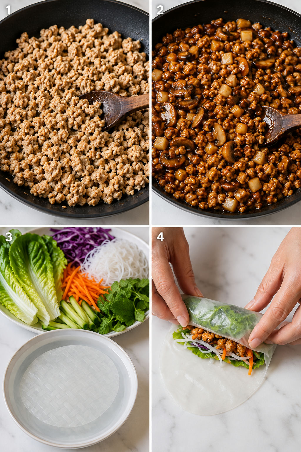 Steps for cooking chicken filling and rolling rice paper wraps