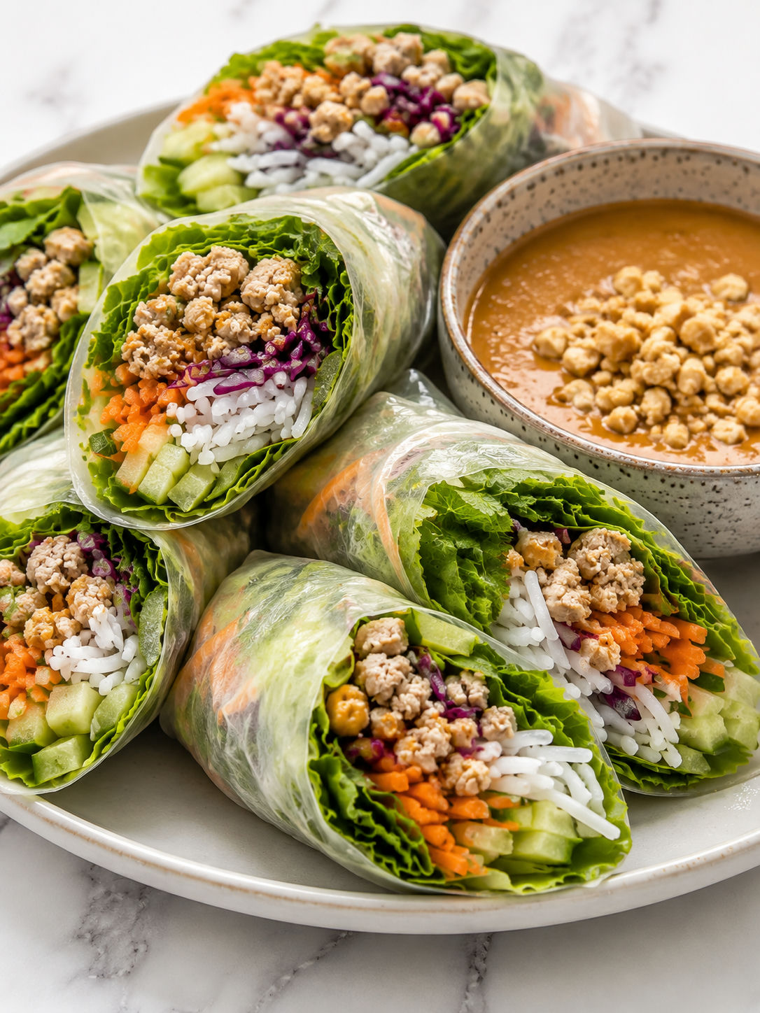 Cut Asian chicken rice paper rolls filled with lettuce and vegetables