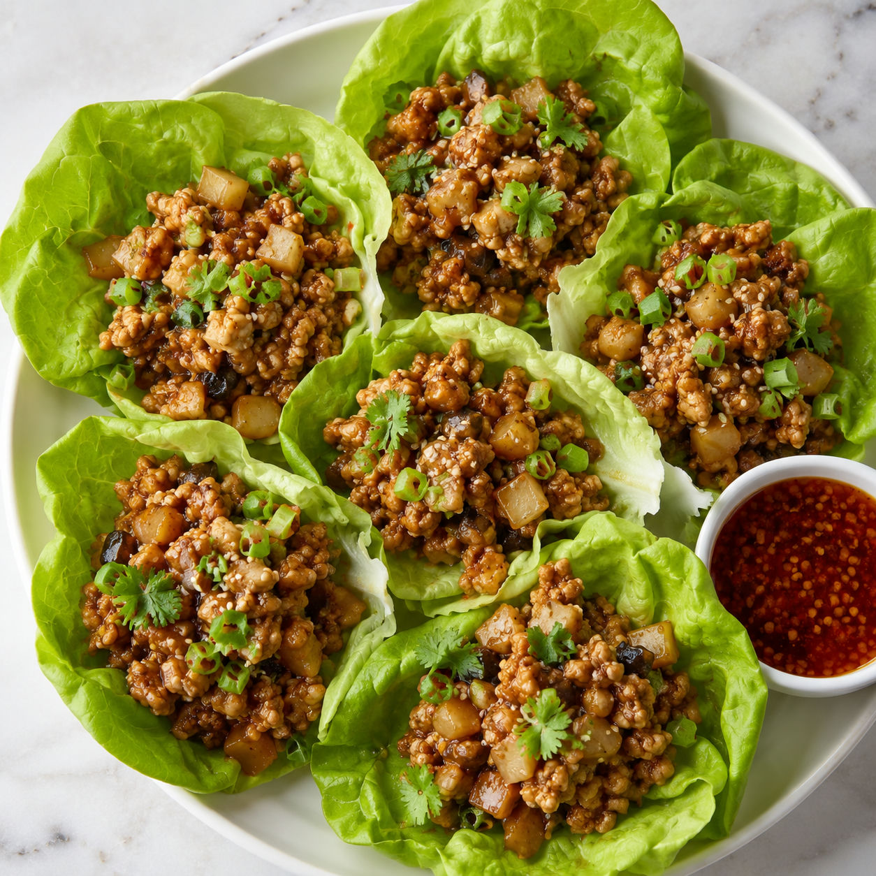Asian chicken lettuce wraps with green onions, sesame seeds, and lime