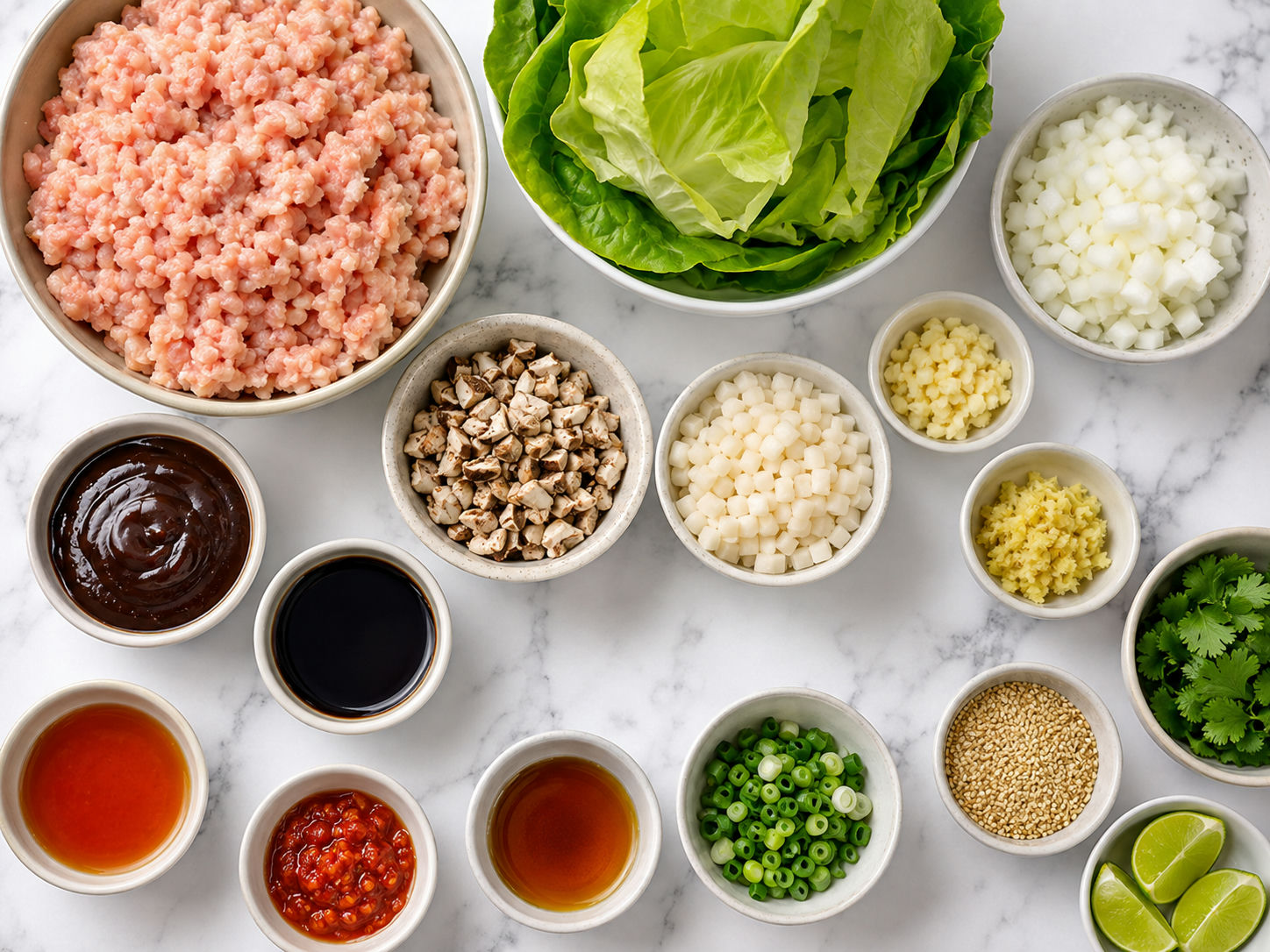 Ingredients for Asian chicken lettuce wraps on a light wood surface