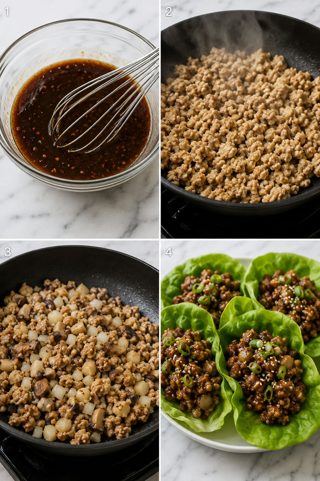 Four steps for making Asian chicken lettuce wraps in a skillet