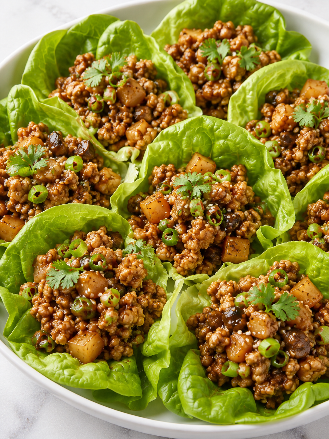 Asian chicken lettuce wraps filled with glossy chicken and crunchy vegetables
