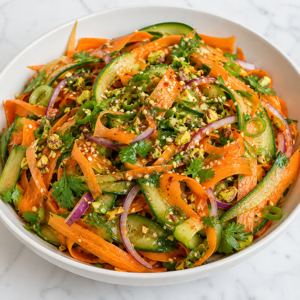 Asian cucumber and carrot ribbon salad with sesame seeds and pistachios