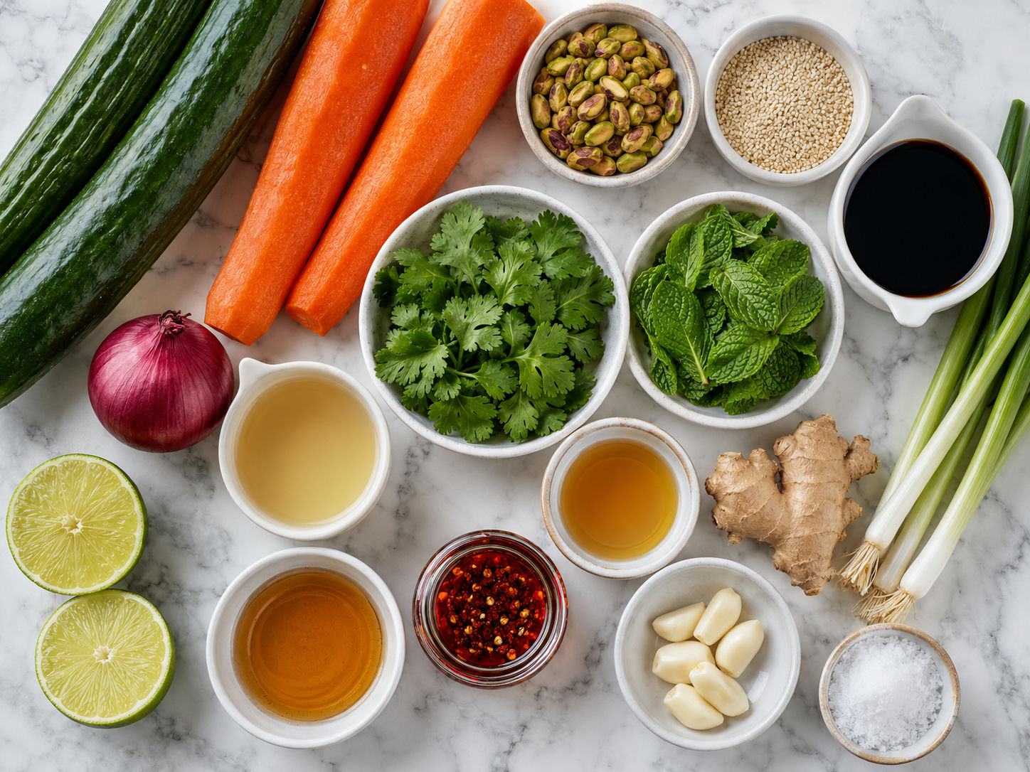 Raw cucumber carrot salad ingredients with chili oil and sesame