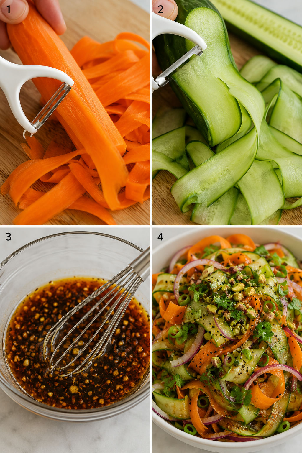 Four steps for making cucumber carrot ribbon salad