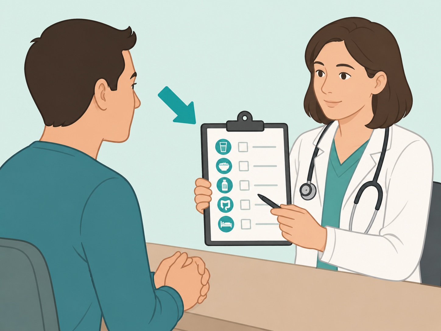 Patient asking a doctor questions before a colonoscopy.