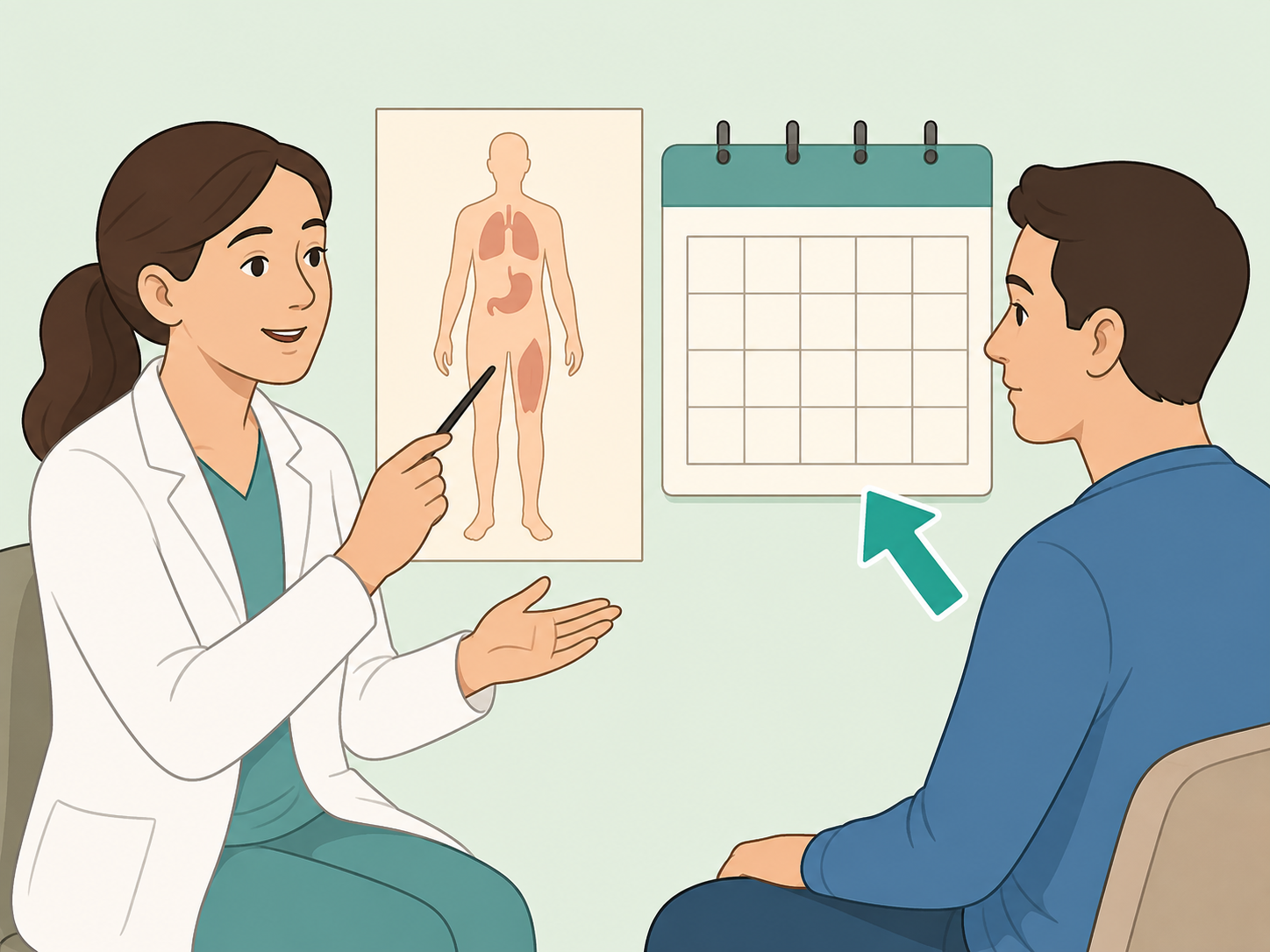 Doctor explaining the reason for a colonoscopy appointment.