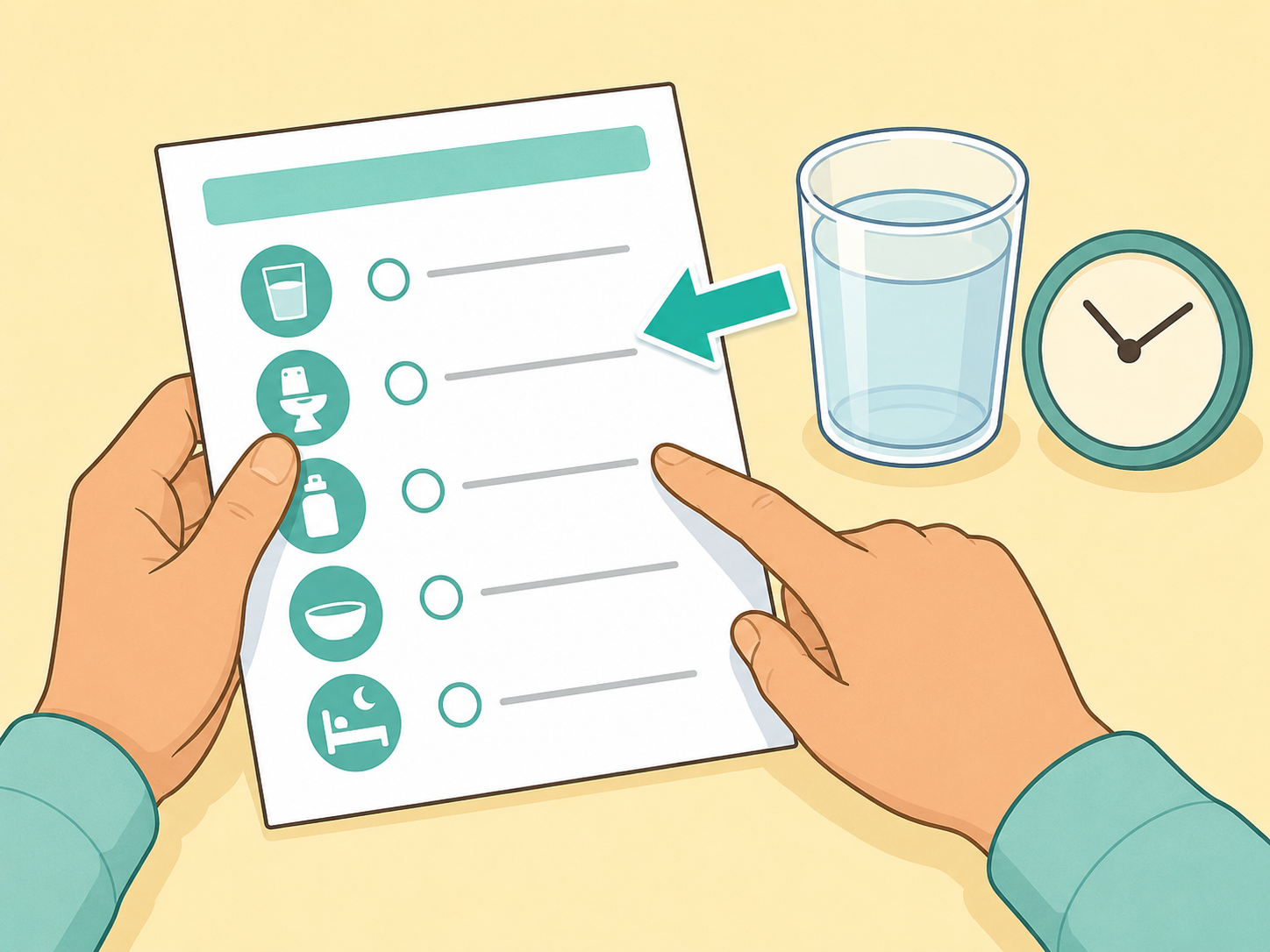 Hands reviewing bowel prep instructions before a colonoscopy.