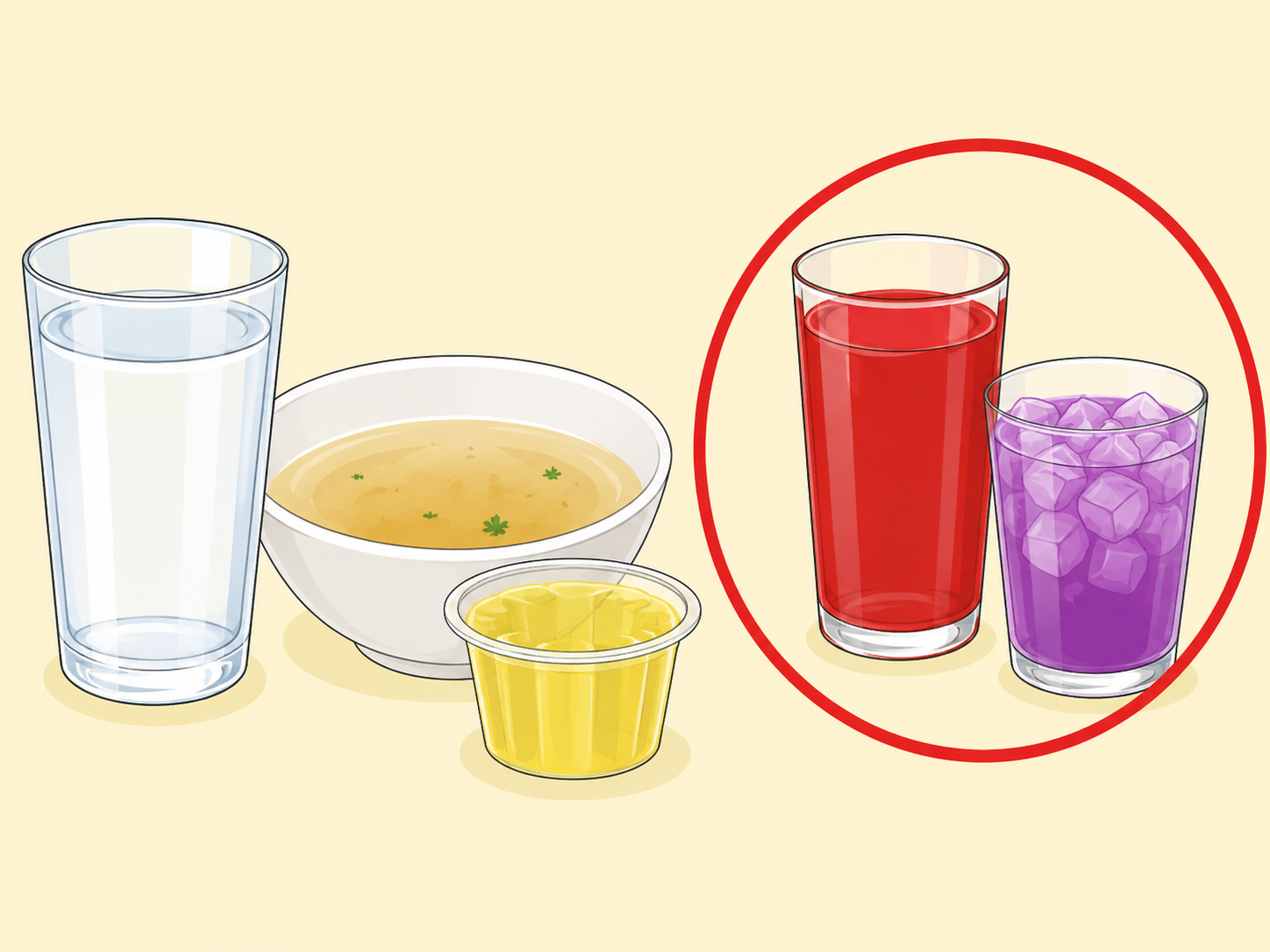Clear liquids shown with red and purple drinks set aside before colonoscopy prep.