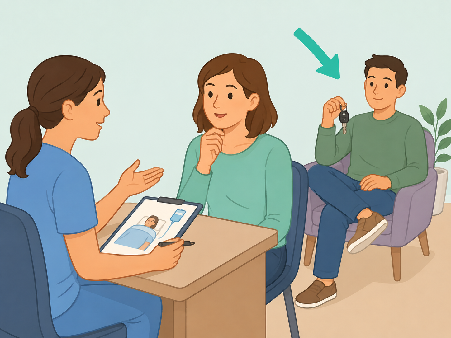 Patient arranging sedation details and a ride home before a colonoscopy.